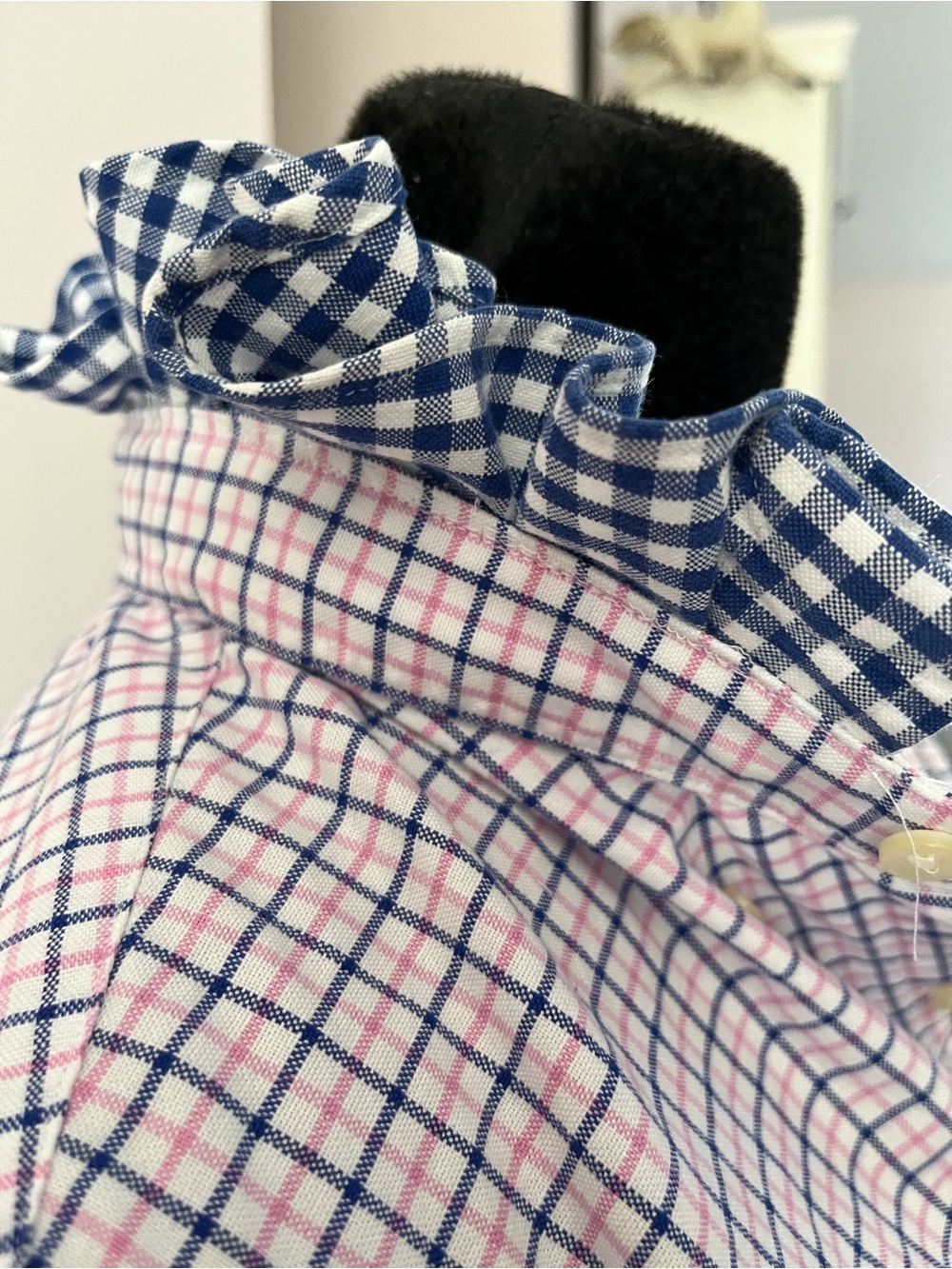 Redesigned Ralph Lauren Men’s Pink & Blue Plaid Button-Down Shirt Ruffle Collar - Picture 6 of 7